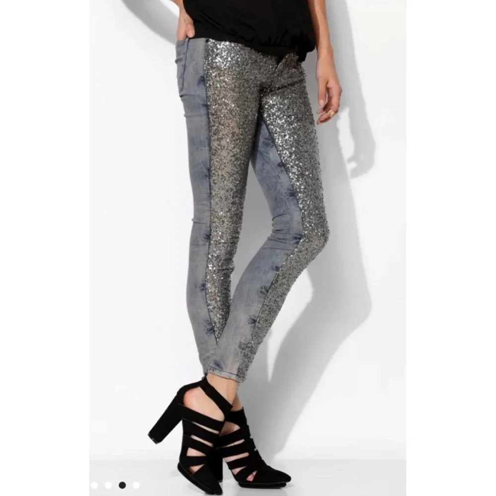 BDG Mid Rise Twig Ankle Jeans Silver Sequin Acid Wash Skinny Denim 26W 29L